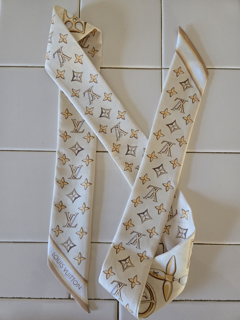 Louis Vuitton Louisette Cream & Gold Monogram Silk Twilly Scarf - Picture 2 of 7